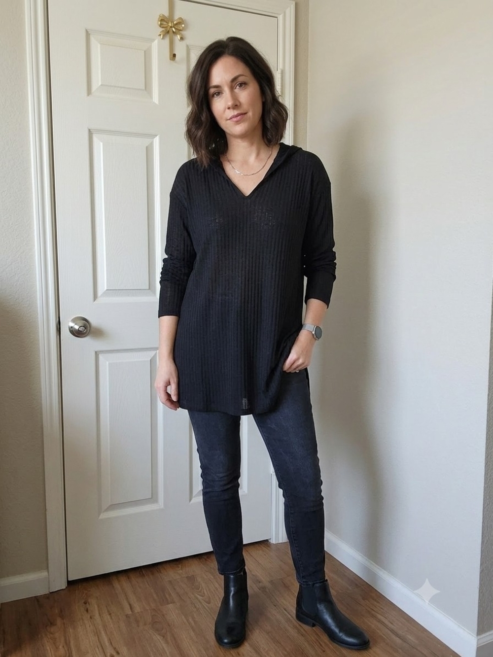 Black Ribbed V-Neck Longline Hooded Tunic